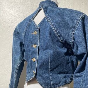 Vintage Cropped Blue Denim Jacket With A Keyhole Back Neckline Cutout RARE